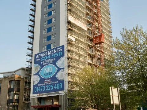 Francis Tower in 2007 with scaffolding, flats up for sale for £95,000